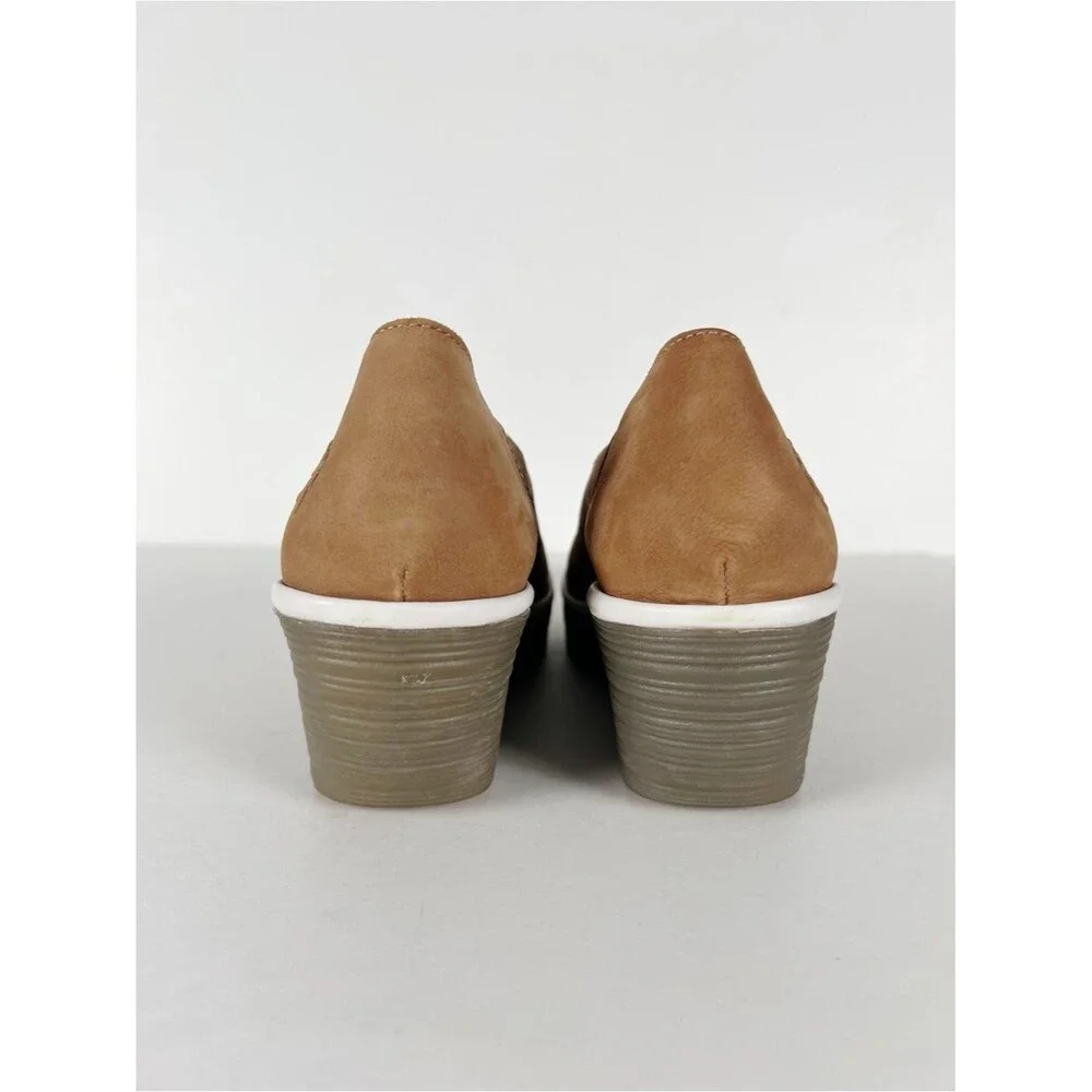 Fly London Yuca Tan Leather White Trim Wedge Slip-On Platform Size 10-10.5